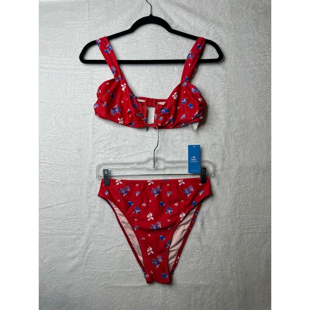 Cupshe Bikini Set Women M/S Red Floral High Waist Two Piece NWT
